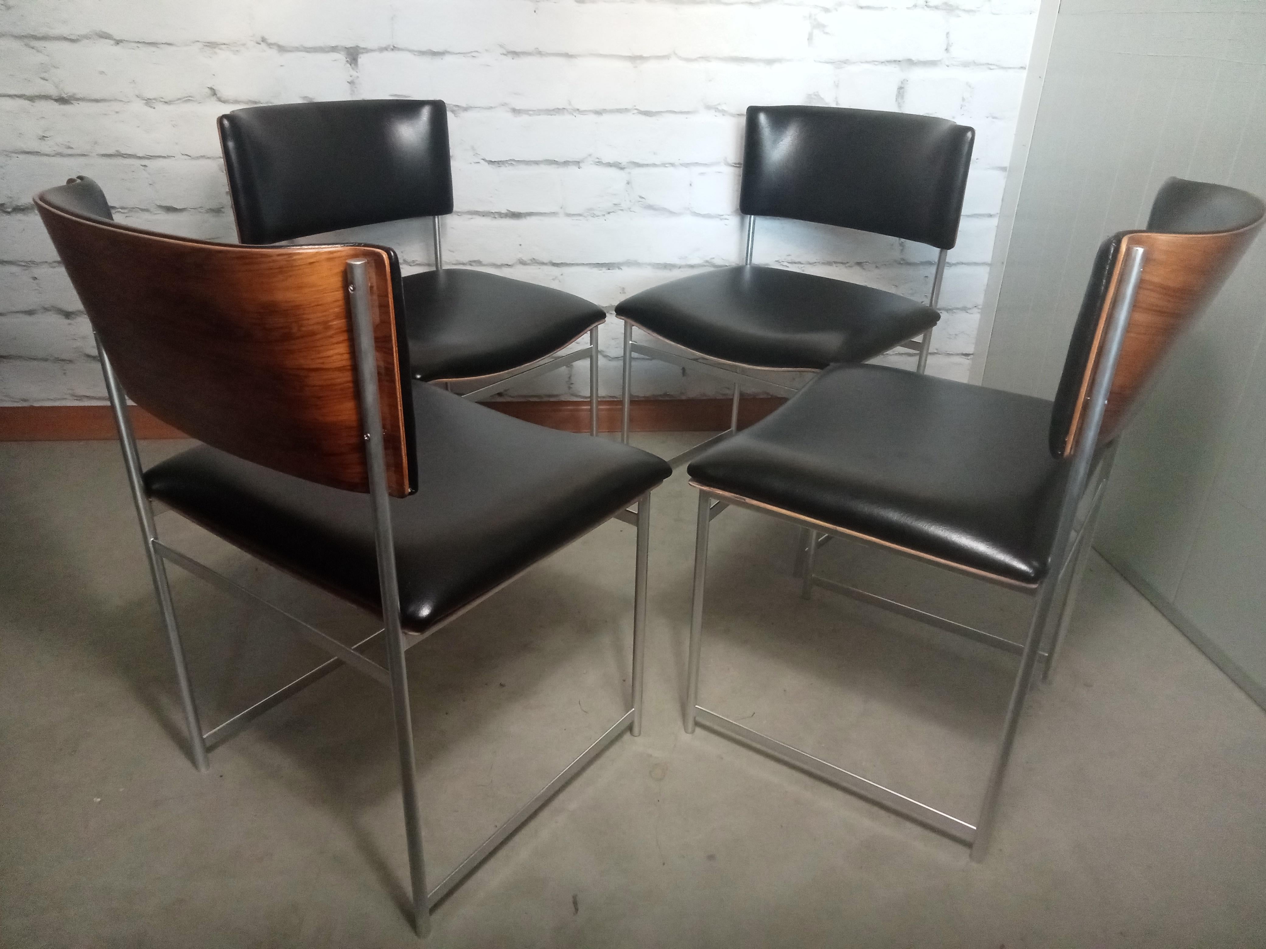 Chairs designed in the 50’s but still so modern! Steel frame, reupholstered seats and beutifull curved rosewood backrests. Chairs are very comfortable. New upholstery is made of high quality leatherette. Restored carefully, very unique.