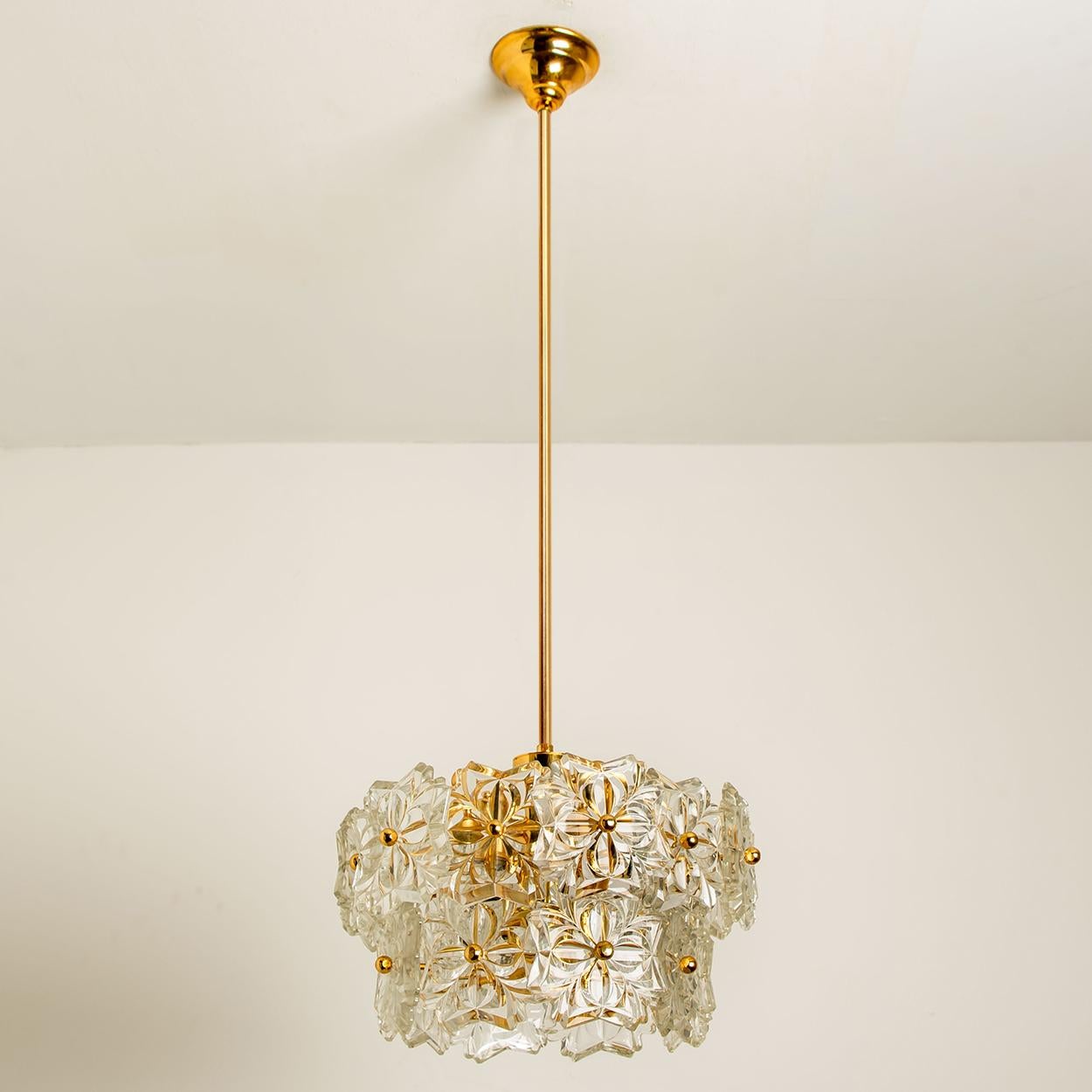 Sculptural chandelier with a design of a bouquet of textured glass flowers . Manufactured in mid century, circa 1970 (late 1960s or early 1970s).

The fixture has several flower shaped glass shades. Each clear glass flower shade has textured