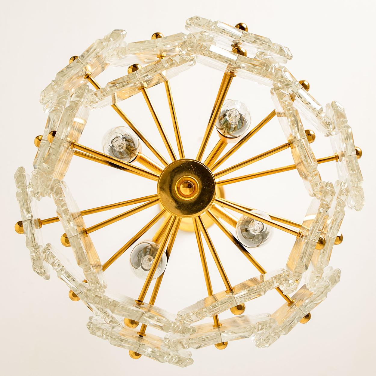 Mid-20th Century Smal  Glass and Brass Floral Three Tiers Light Fixture, 1970s For Sale