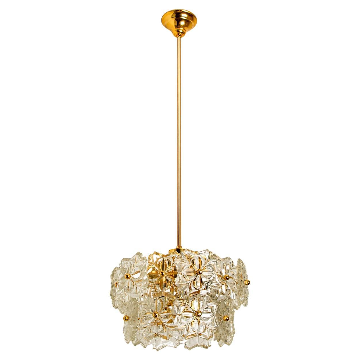 Smal  Glass and Brass Floral Three Tiers Light Fixture, 1970s