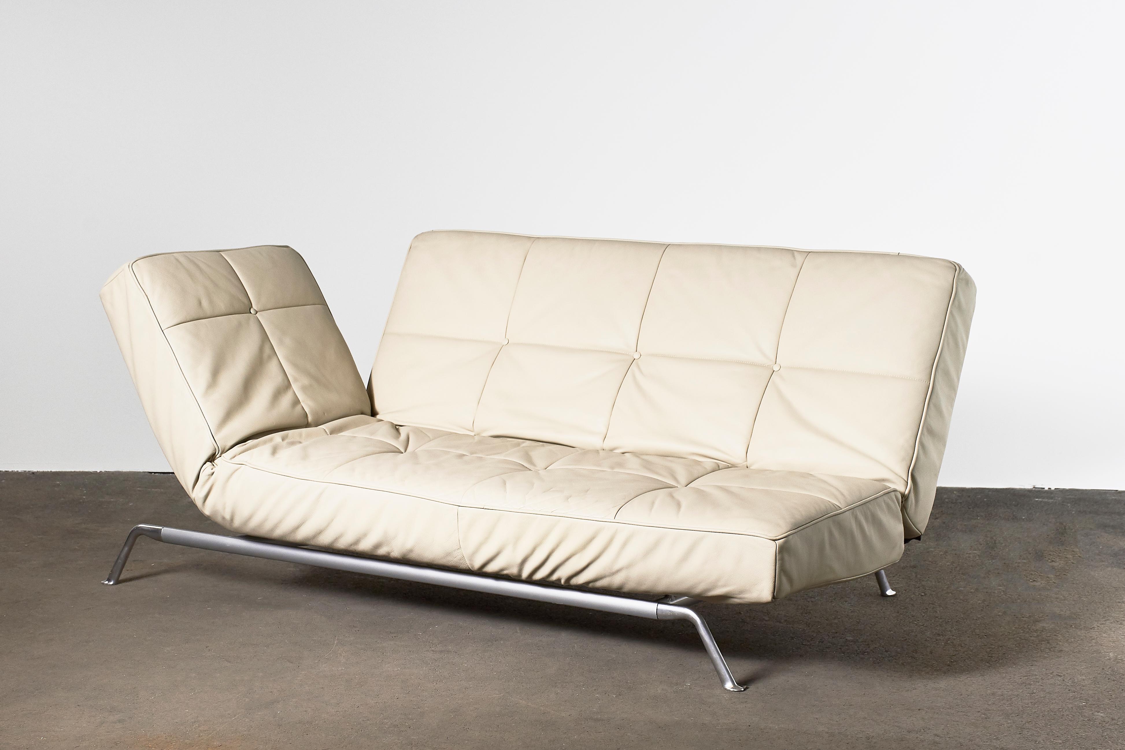 Mid-Century Modern Smala by Ligne Roset Adjustable Daybed Sofa in Beige Leather with Pillow