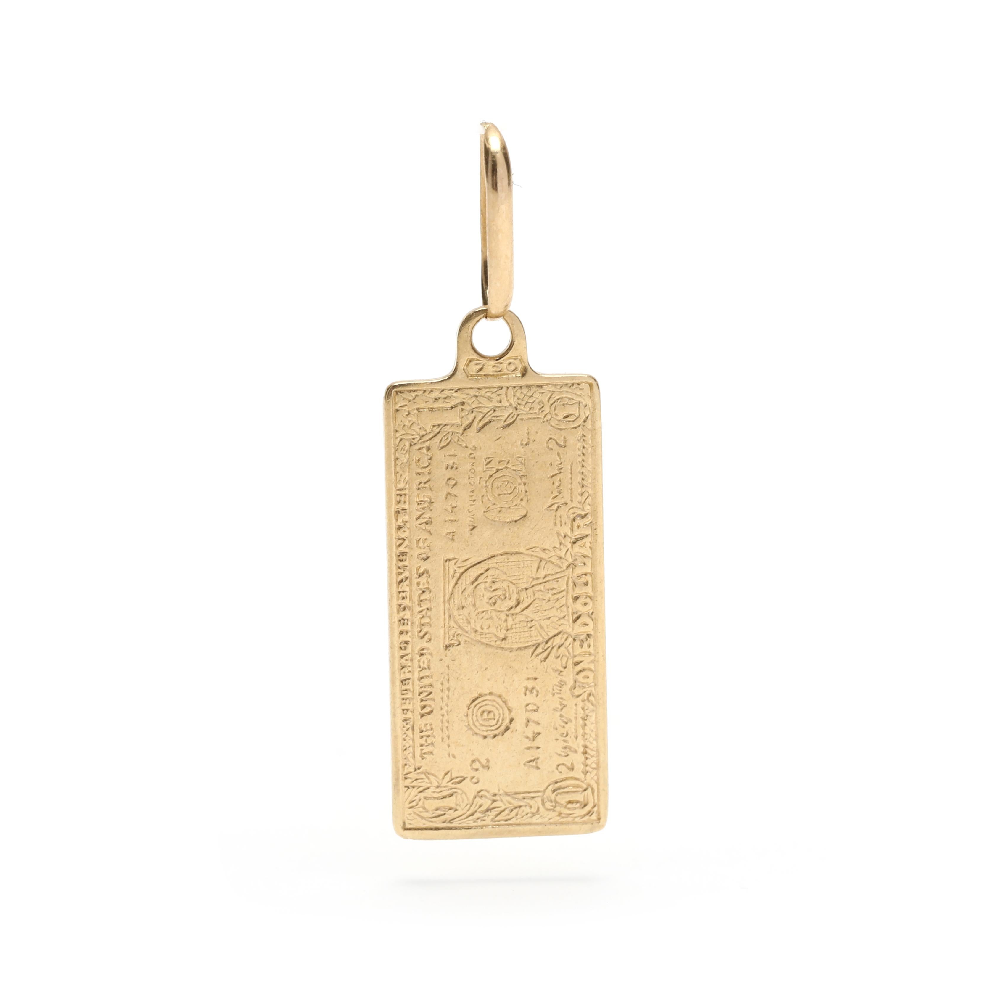 Small 1 Dollar Bill Charm, 18k Yellow Gold, Italian Gold Charm For Sale