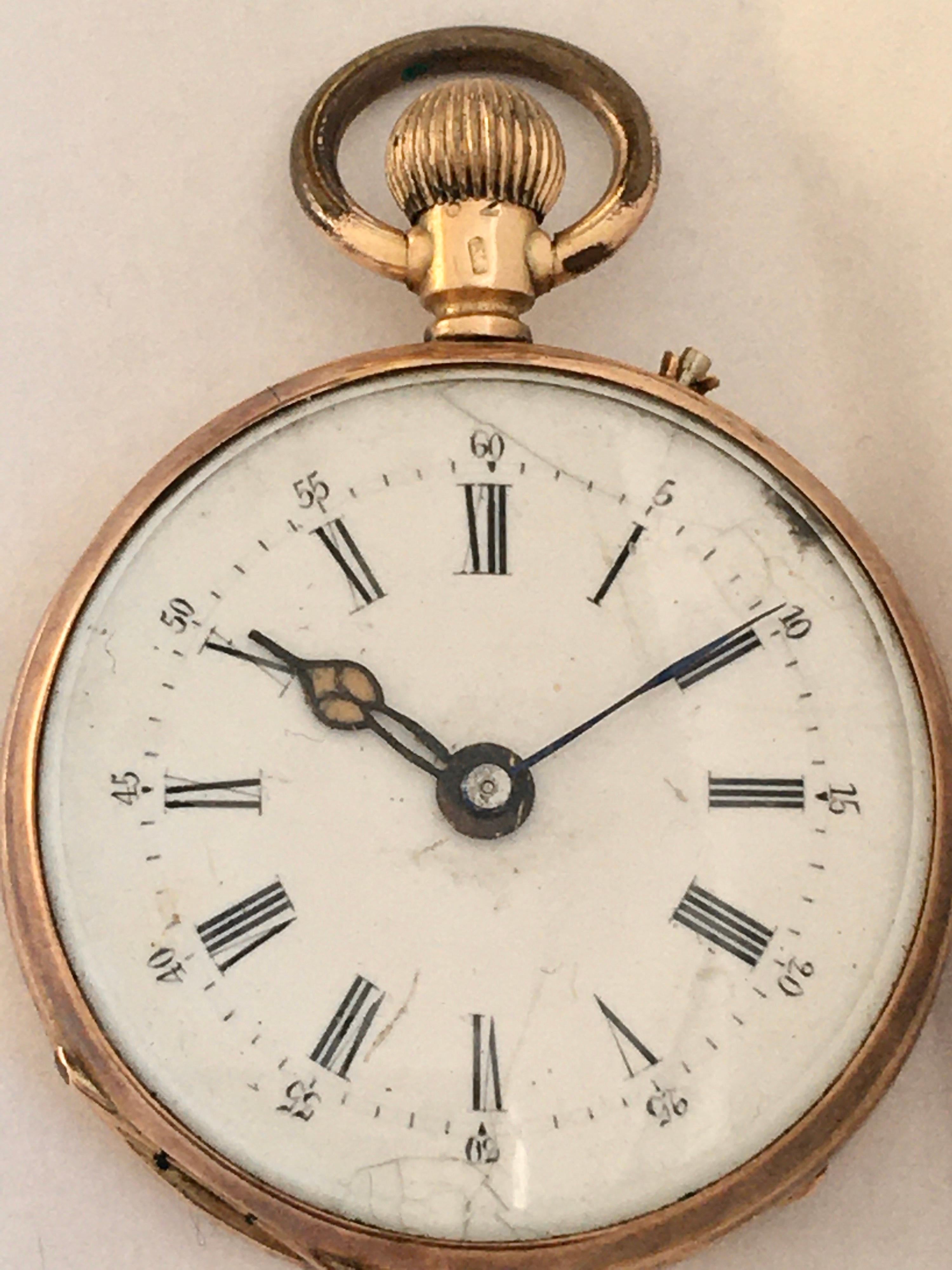This 14K Gold & engine turned case small pocket watch is in good working condition and it is recently been serviced and runs well. Good time keeping. Visible signs of ageing and wear with tiny  cracks and chipped on the dial as shown. Hour hand has