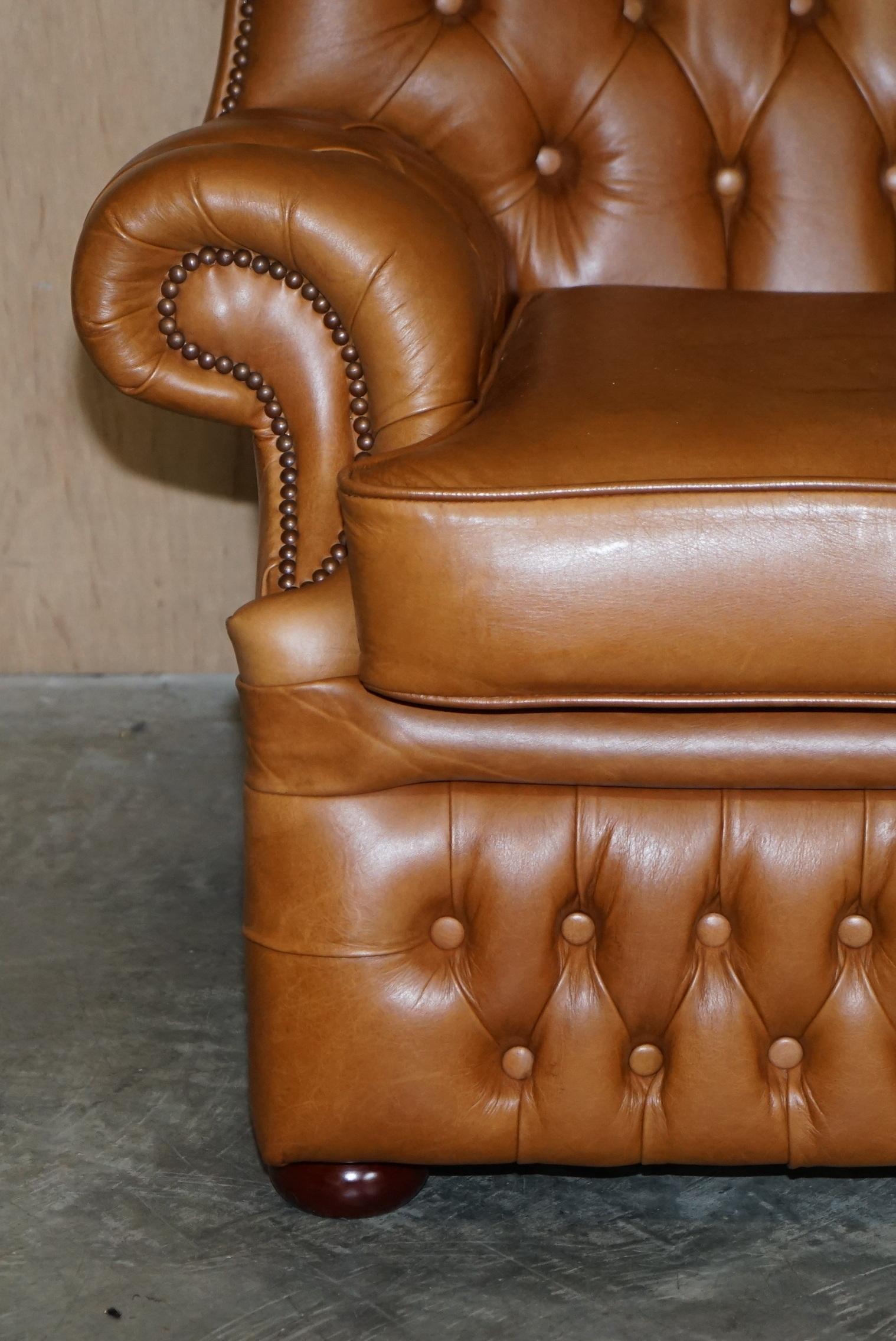 Small Wide Chesterfield Tan Brown Leather Tufted Sofa with High Back 2