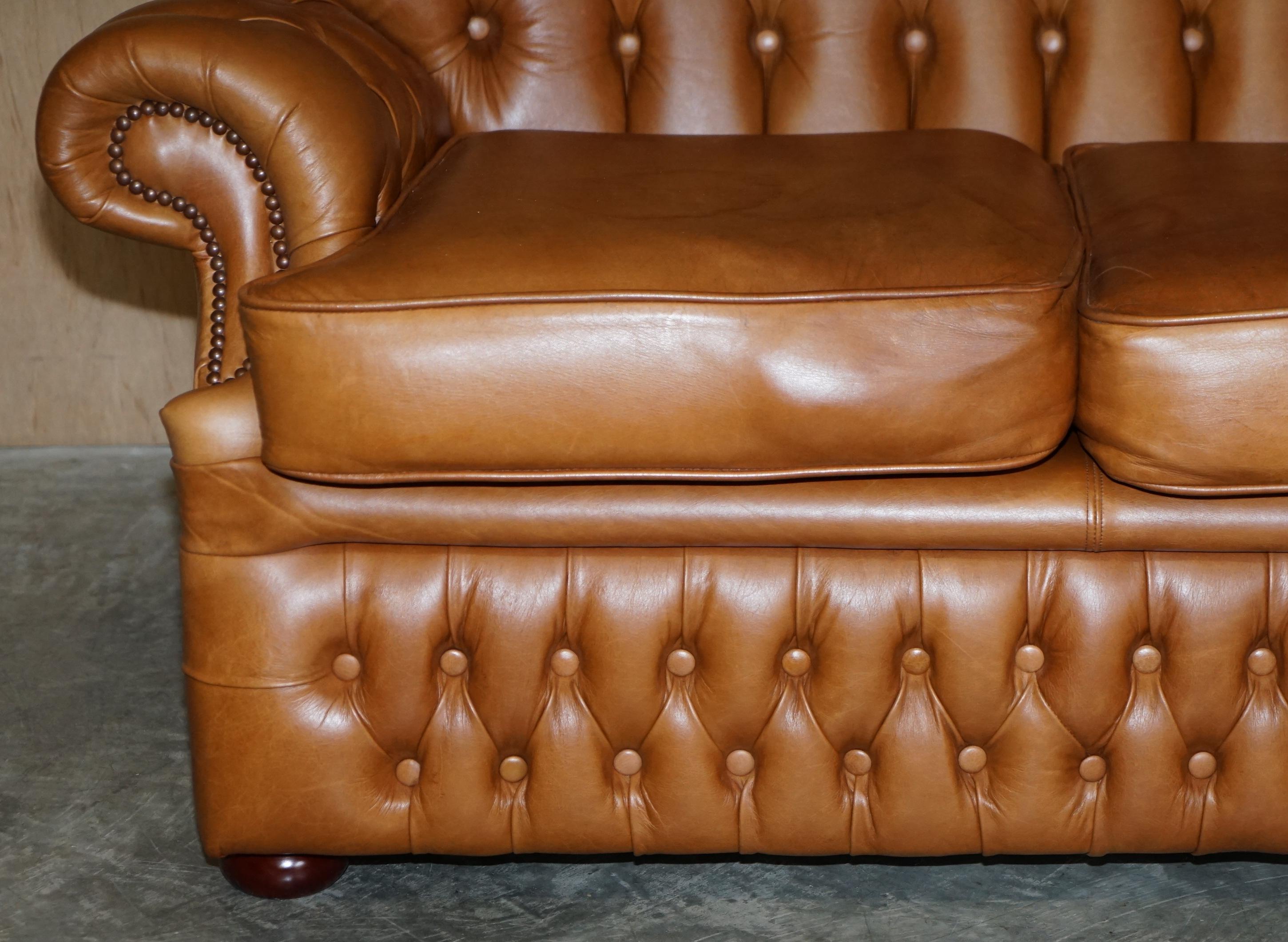 Small Wide Chesterfield Tan Brown Leather Tufted Sofa with High Back 3