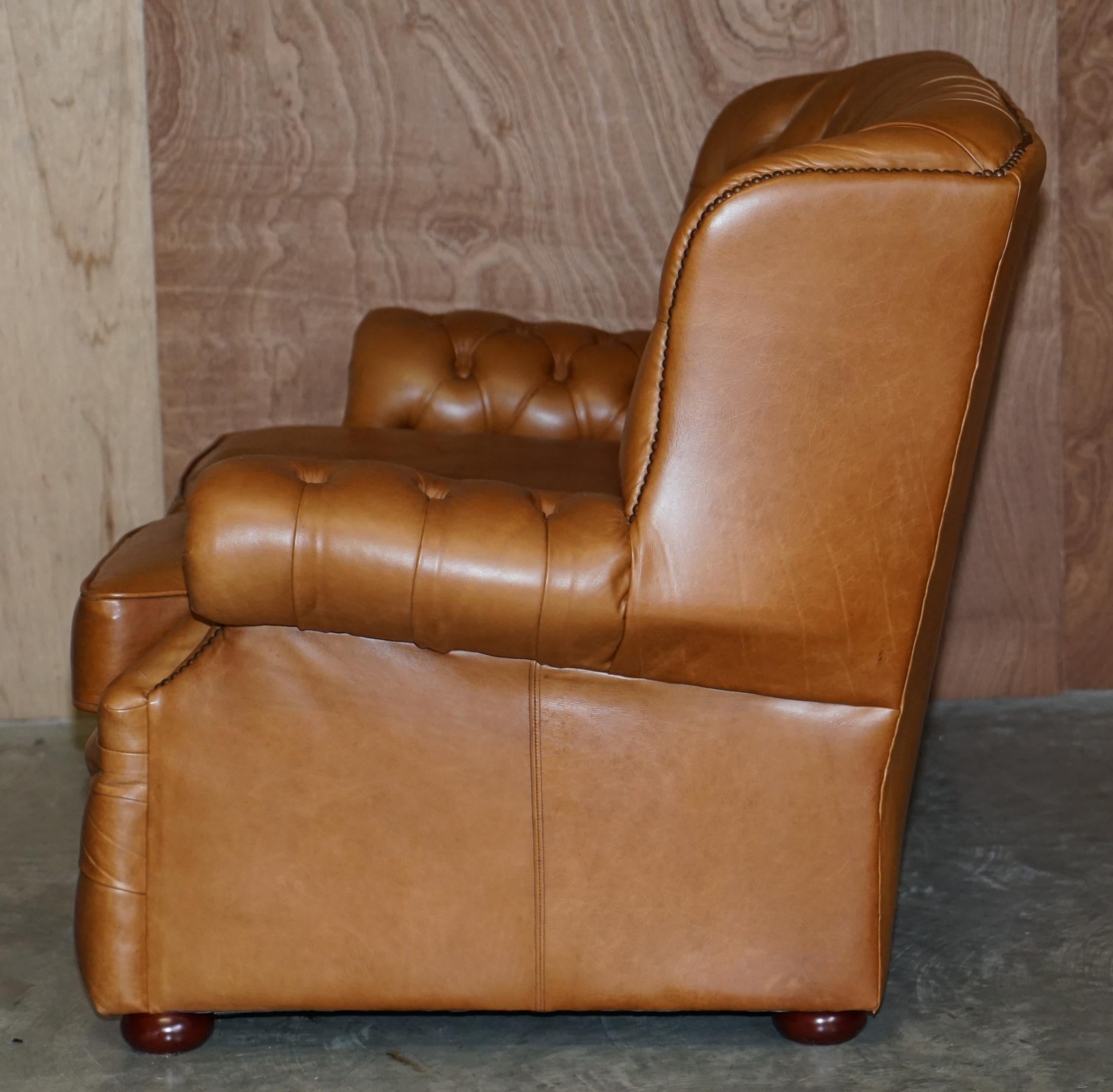 Small Wide Chesterfield Tan Brown Leather Tufted Sofa with High Back 6