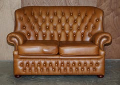 Small Wide Chesterfield Tan Brown Leather Tufted Sofa with High Back