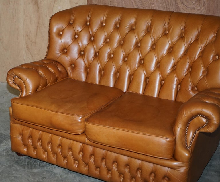 English Small Wide Chesterfield Tan Brown Leather Tufted Sofa with High Back For Sale