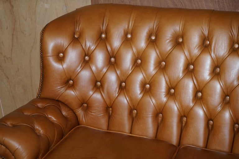 Hand-Crafted Small Wide Chesterfield Tan Brown Leather Tufted Sofa with High Back For Sale