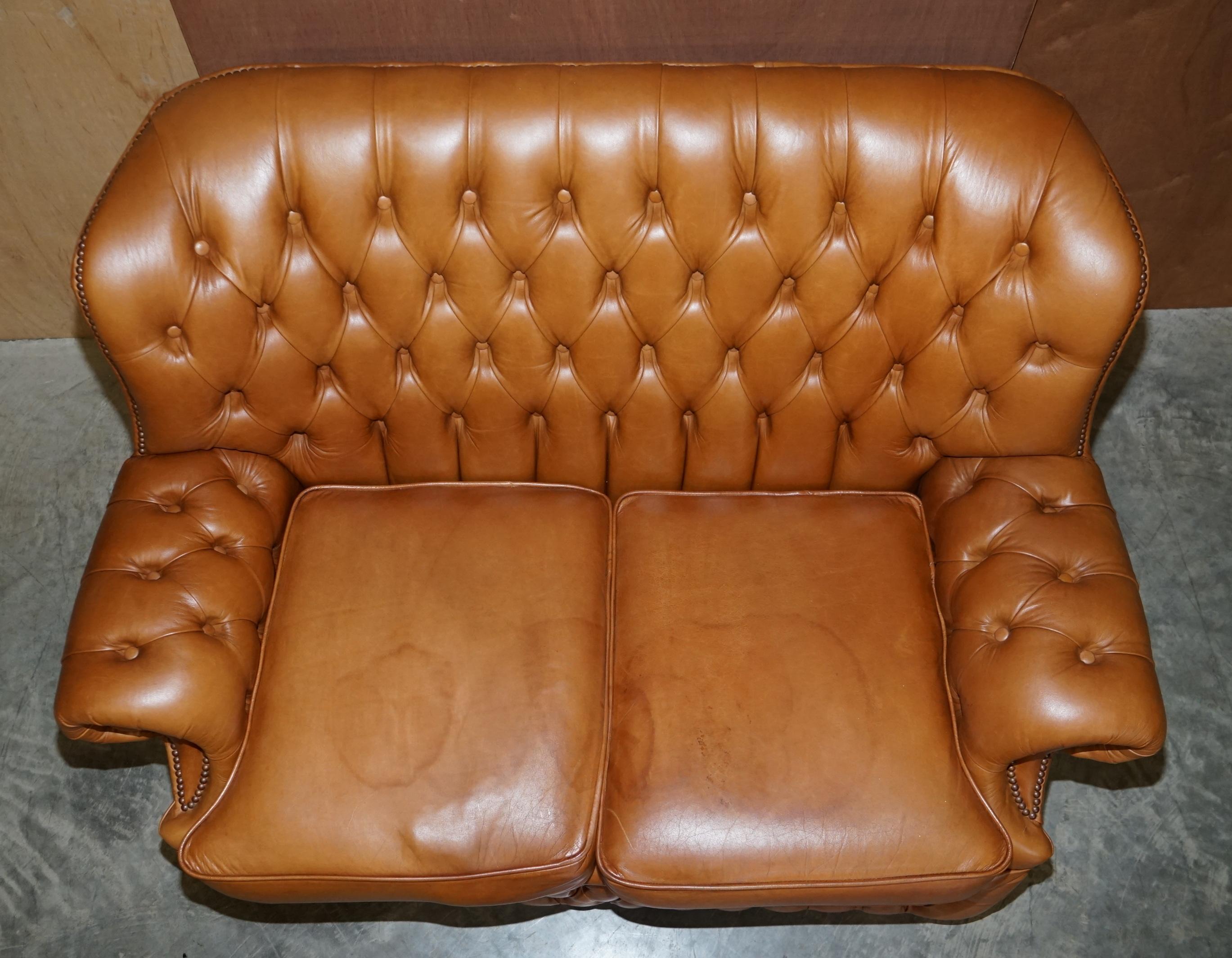 English Small Wide Chesterfield Tan Brown Leather Tufted Sofa with High Back