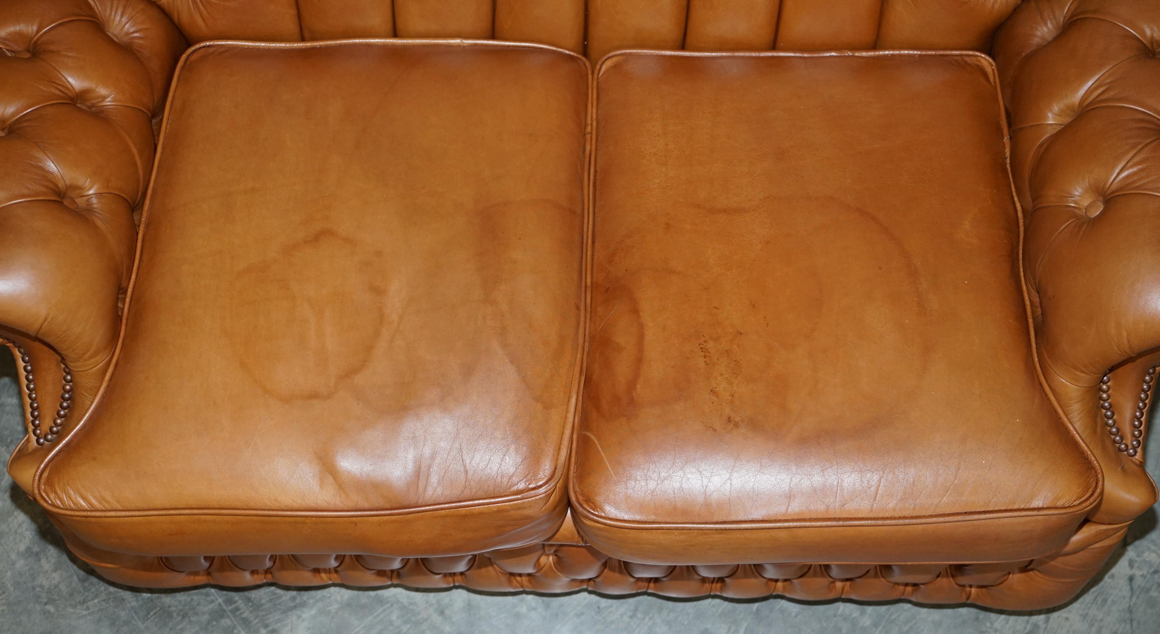Hand-Crafted Small Wide Chesterfield Tan Brown Leather Tufted Sofa with High Back