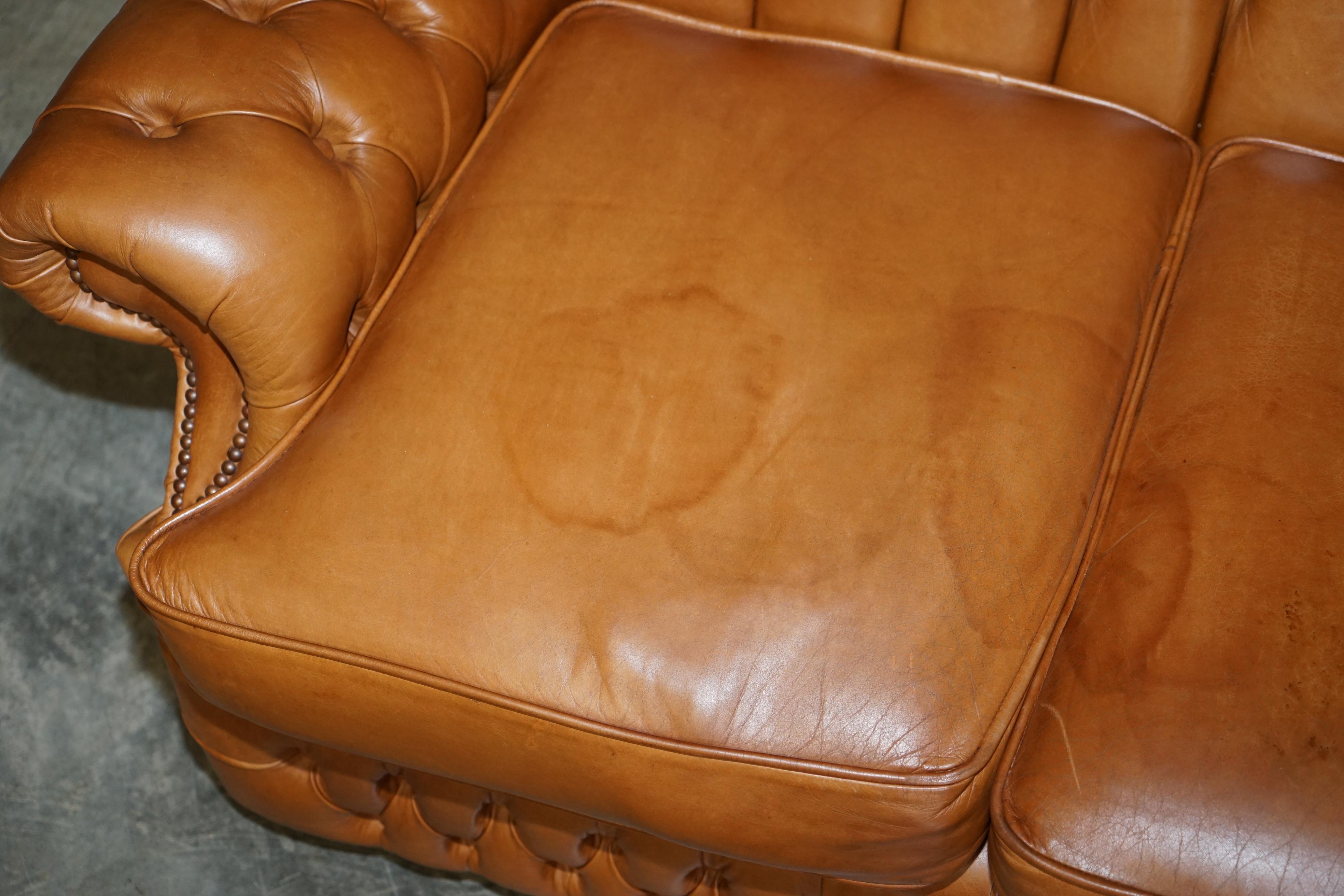 20th Century Small Wide Chesterfield Tan Brown Leather Tufted Sofa with High Back