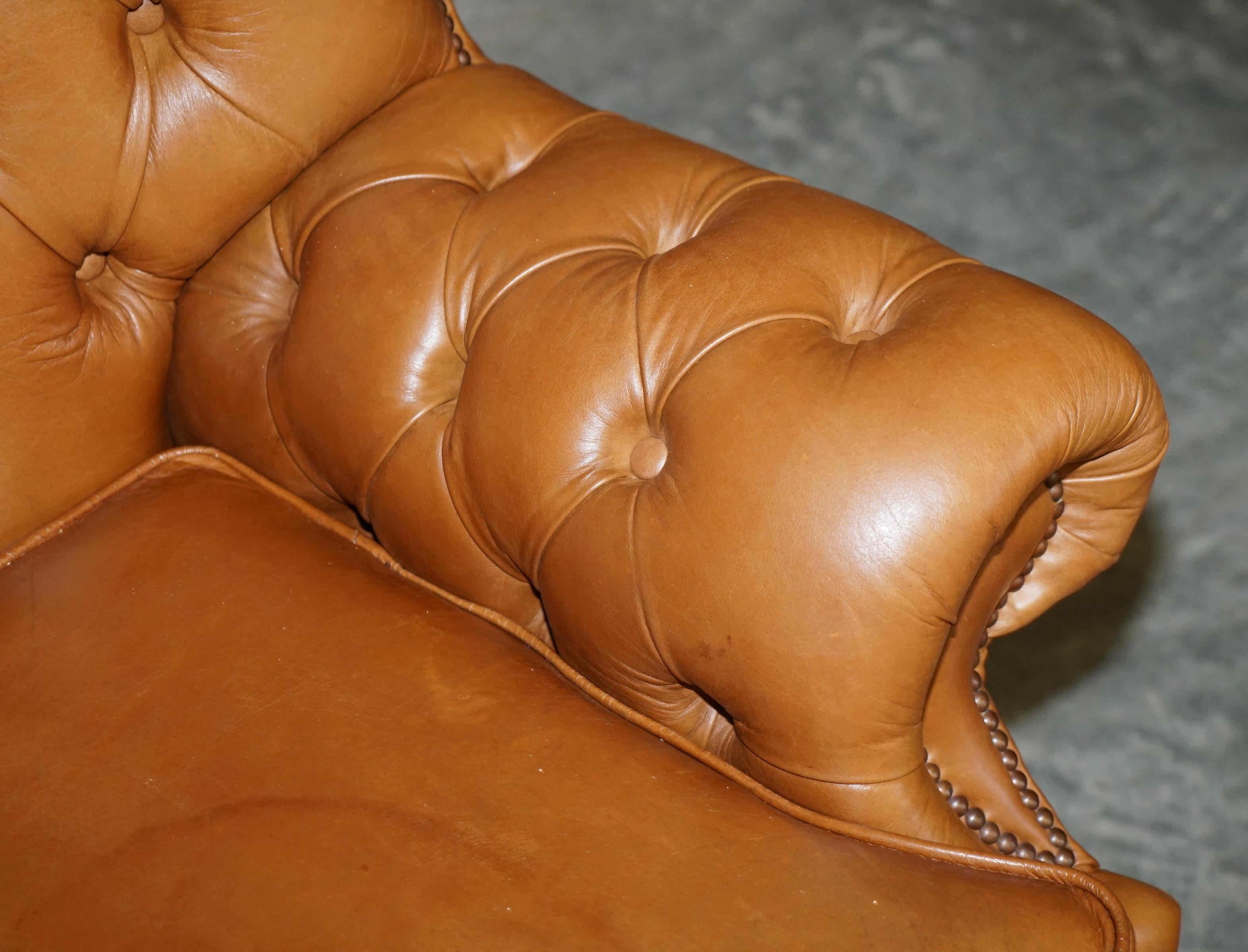 Small Wide Chesterfield Tan Brown Leather Tufted Sofa with High Back 1