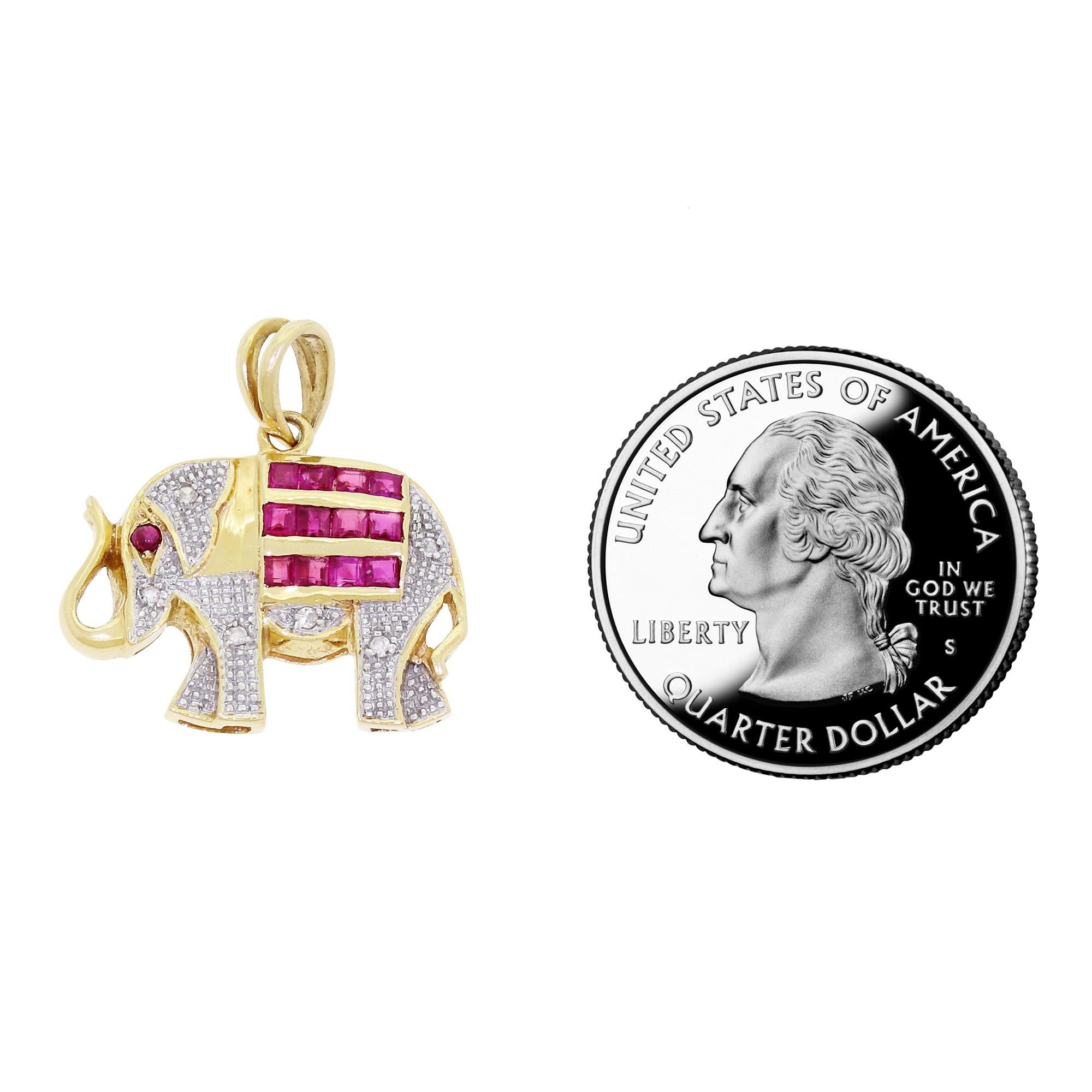 Modern Small 14K Gold Trunk Up Lucky Elephant Pendant Charm Diamond & Ruby Gemstones