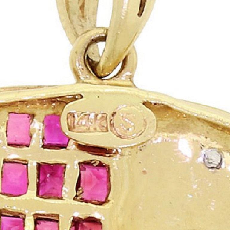 Round Cut Small 14K Gold Trunk Up Lucky Elephant Pendant Charm Diamond & Ruby Gemstones