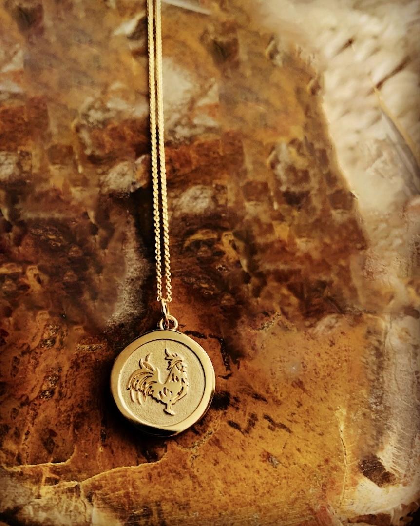 Contemporary Small 14KT Yellow Gold Chinese Zodiac Rooster Medallion For Sale