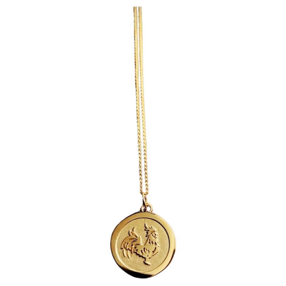 Small 14KT Yellow Gold Chinese Zodiac Rooster Medallion For Sale
