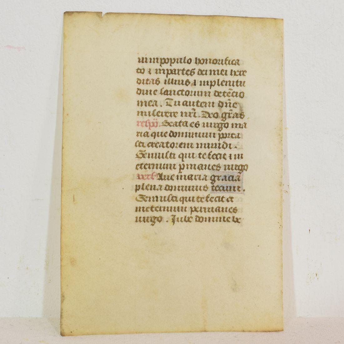 Petite page de livre en papier vélin enluminée du 15e siècle, écriture à la main Bon état - En vente à Buisson, FR