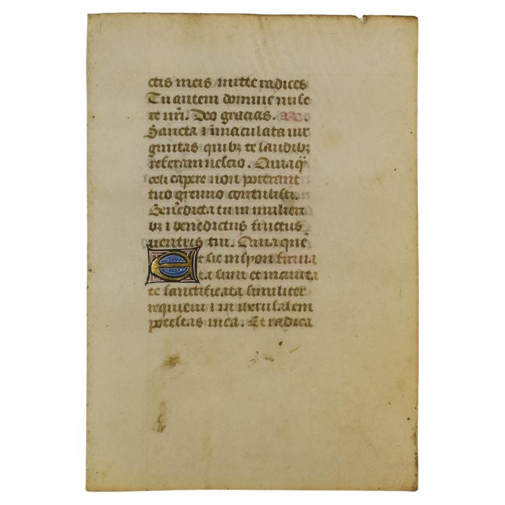 Petite page de livre en papier vélin enluminée du 15e siècle, écriture à la main