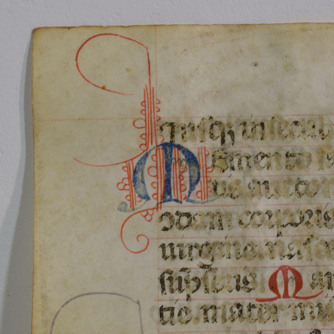 Small 15th Century Illuminated Vellum Book Page, Handwriting In Good Condition In Buisson, FR