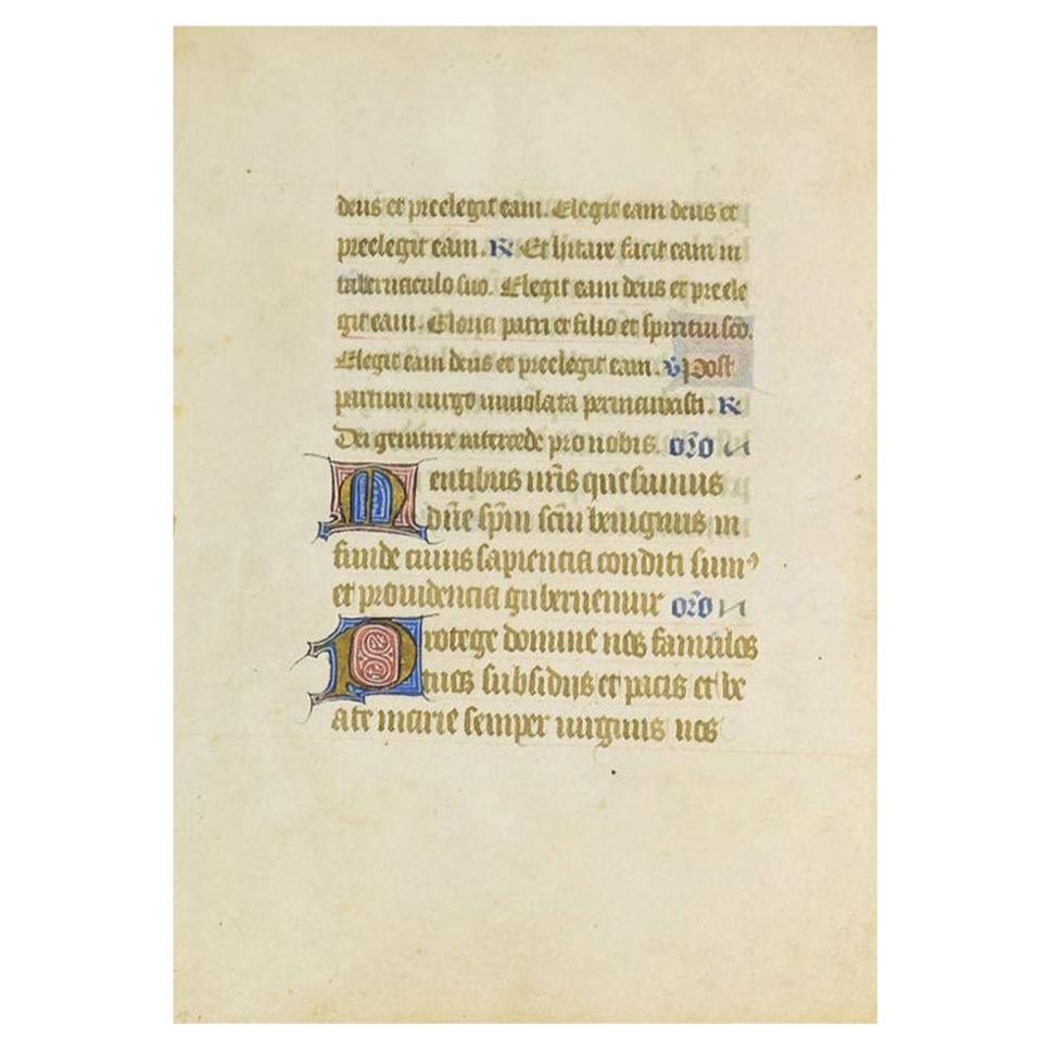Small 15th Century Illuminated Vellum Book Page, Handwriting
