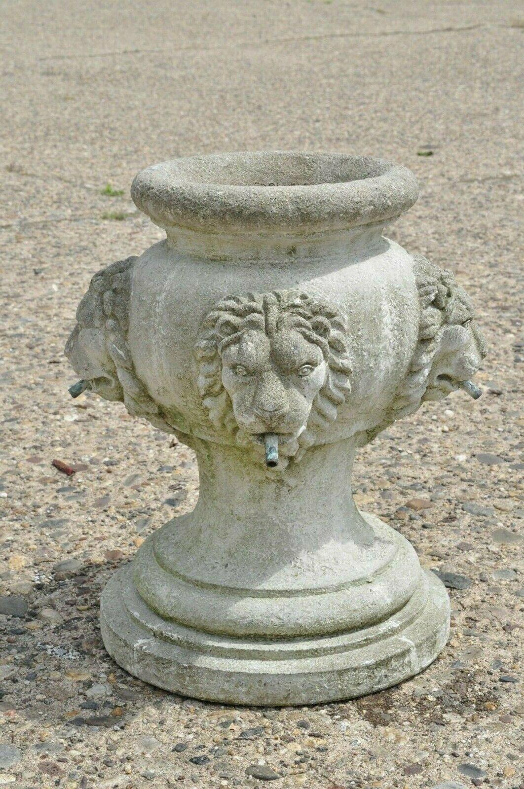 Small Cast Concrete Cement Garden Fountain with Lion Heads by Massarelli 1