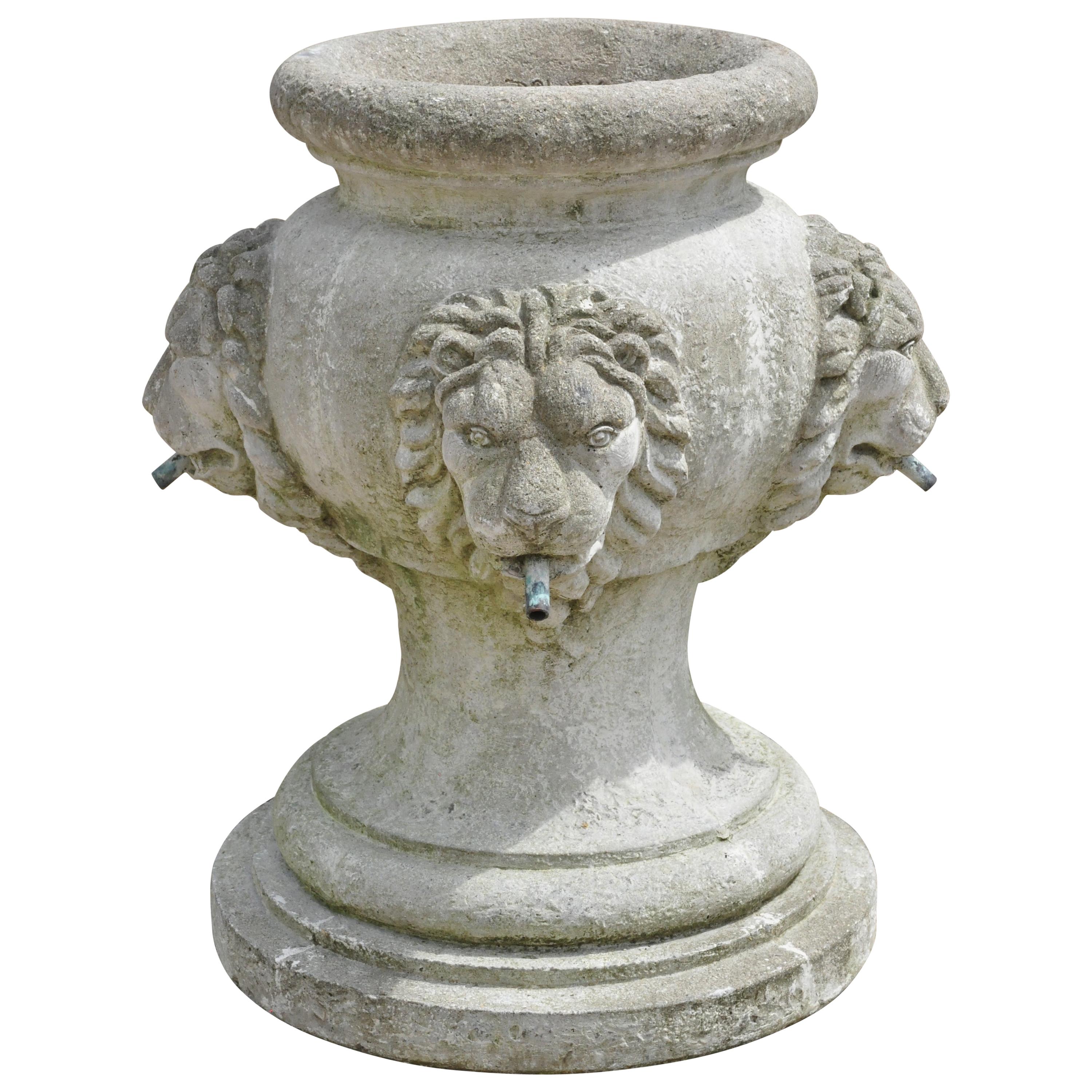 Small Cast Concrete Cement Garden Fountain with Lion Heads by Massarelli