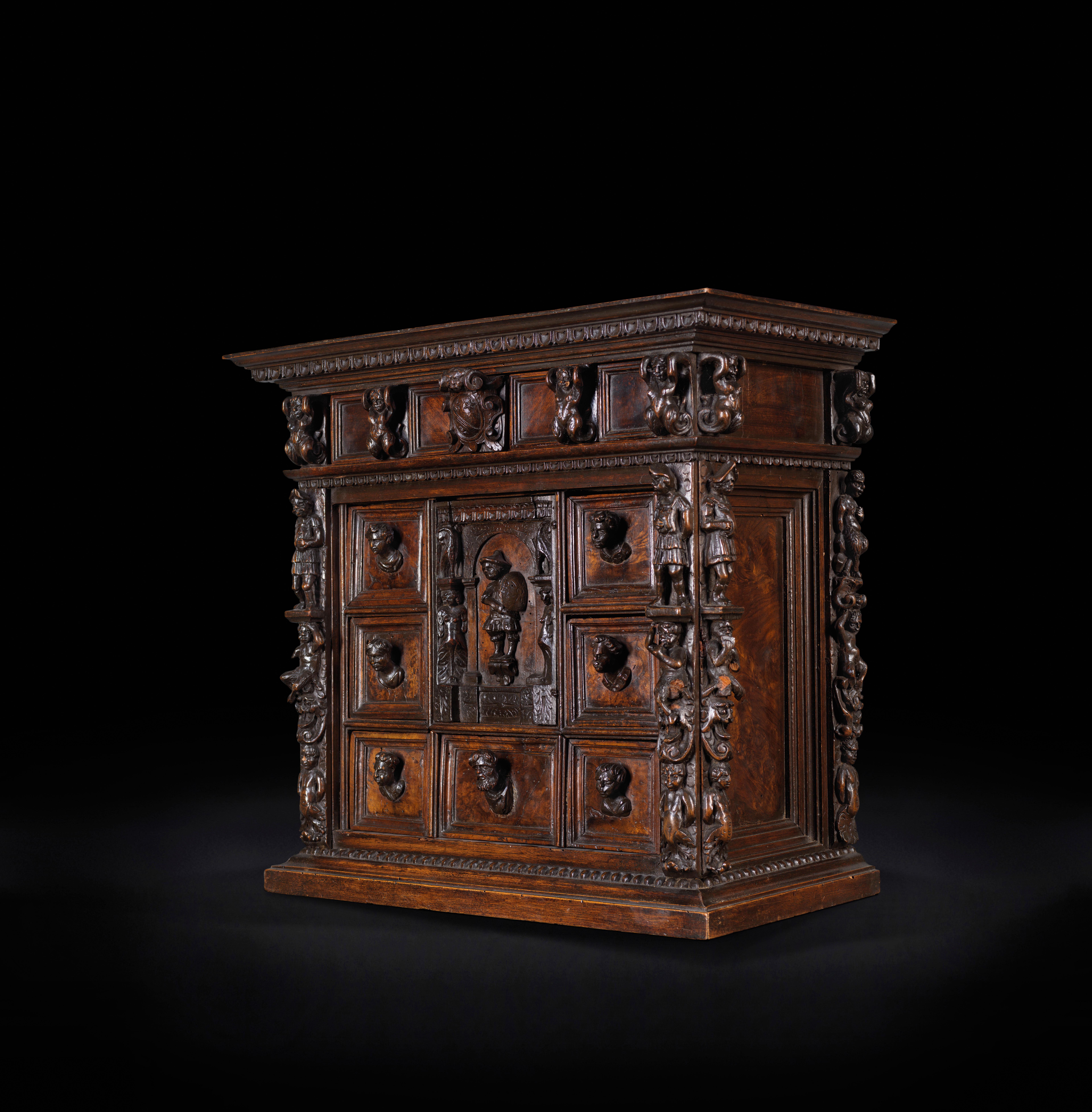 This Italian Renaissance Cabinet called Stipo evokes architecture forms. The earliest Stipo a bambocci appeared around or shortly after 1560 in Genova (Region of Ligura). All the sides are richly decorated with figures, busts, masks and terms. The