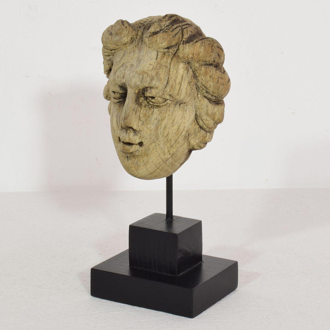 Small hand carved oak head.
France circa 1650-1750
Weathered.
measurements include the wooden pedestal.