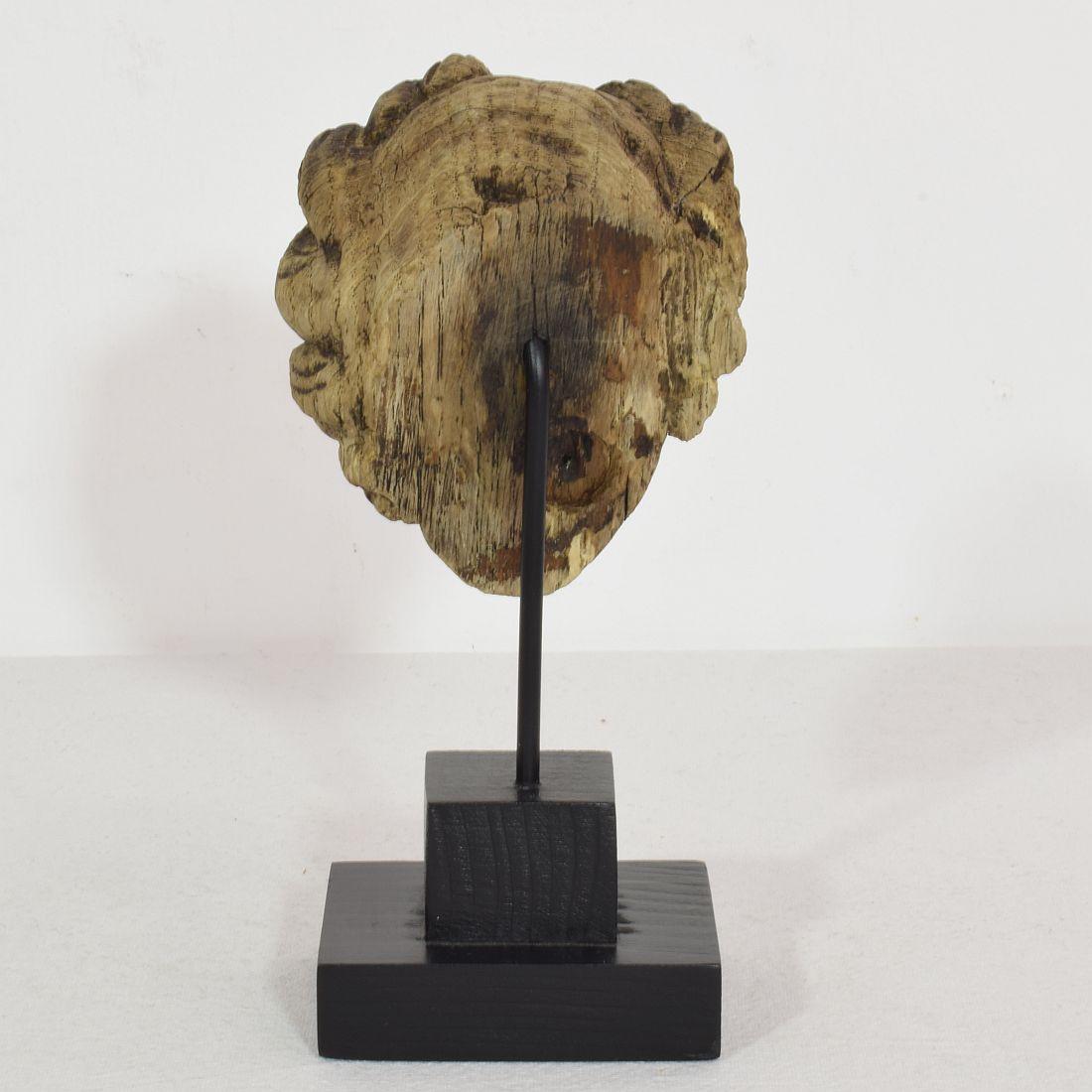 Small 17/ 18th Century French Carved Oak Head In Good Condition In Buisson, FR