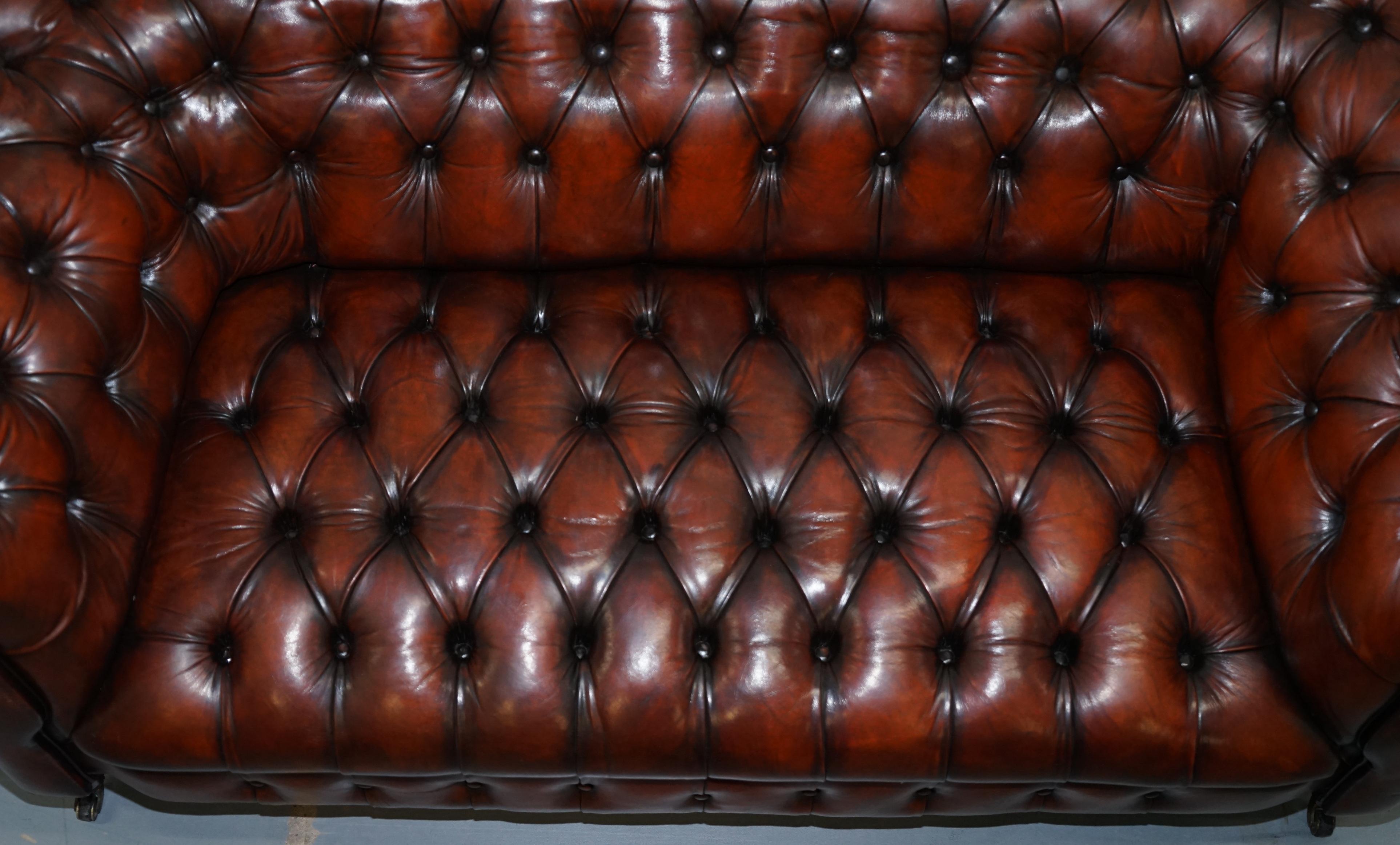 Small Restored Chesterfield Victorian Whisky Brown Leather Sofa For Sale 2