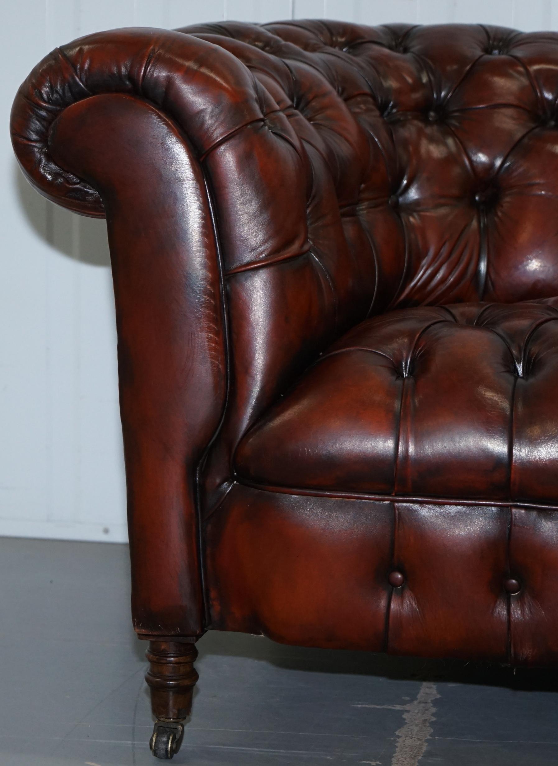 Small Restored Chesterfield Victorian Whisky Brown Leather Sofa For Sale 5