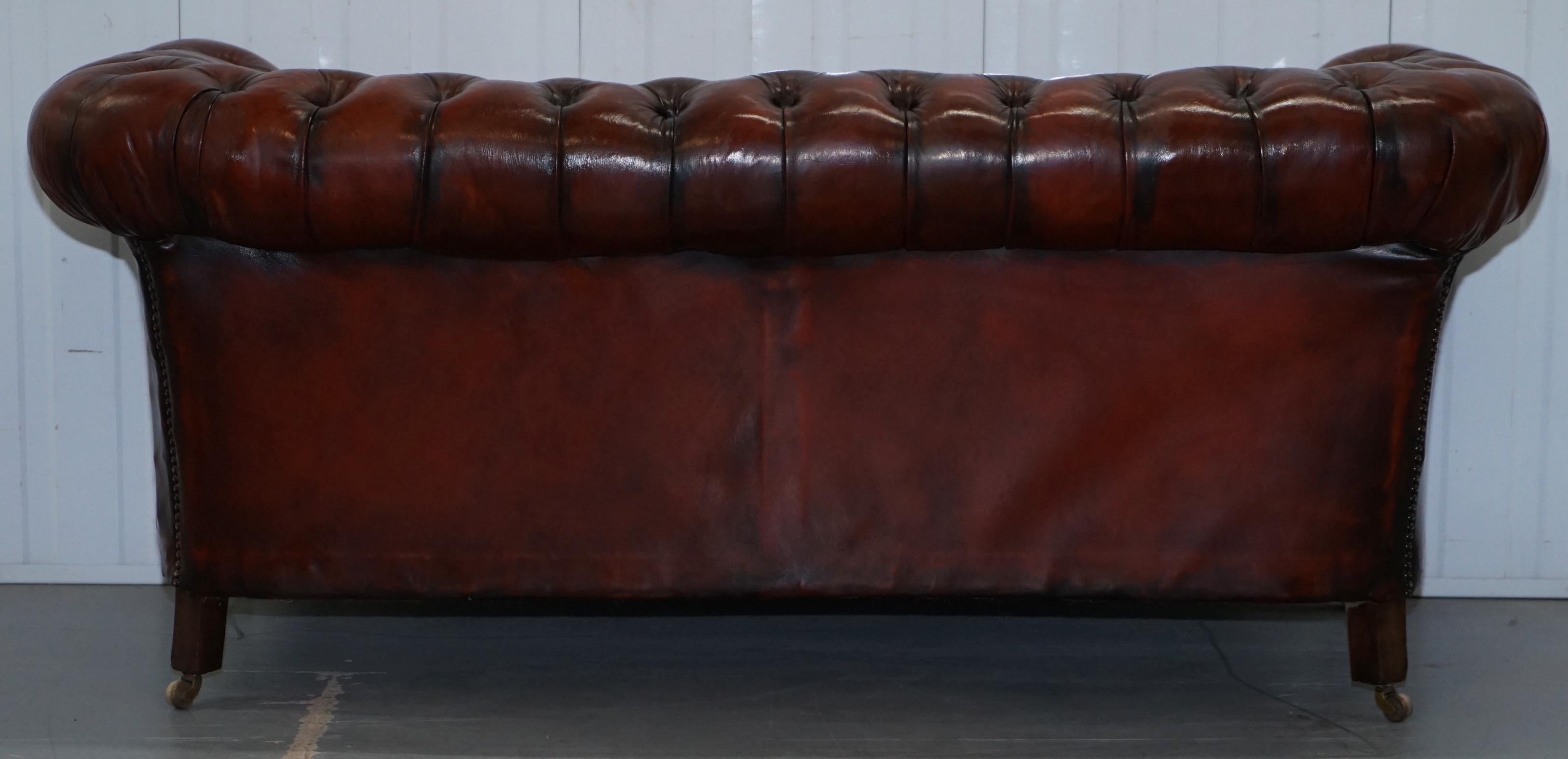 Small Restored Chesterfield Victorian Whisky Brown Leather Sofa For Sale 9