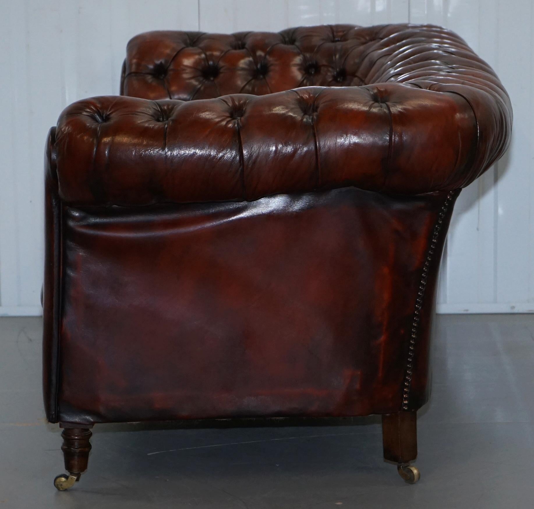 Small Restored Chesterfield Victorian Whisky Brown Leather Sofa For Sale 10