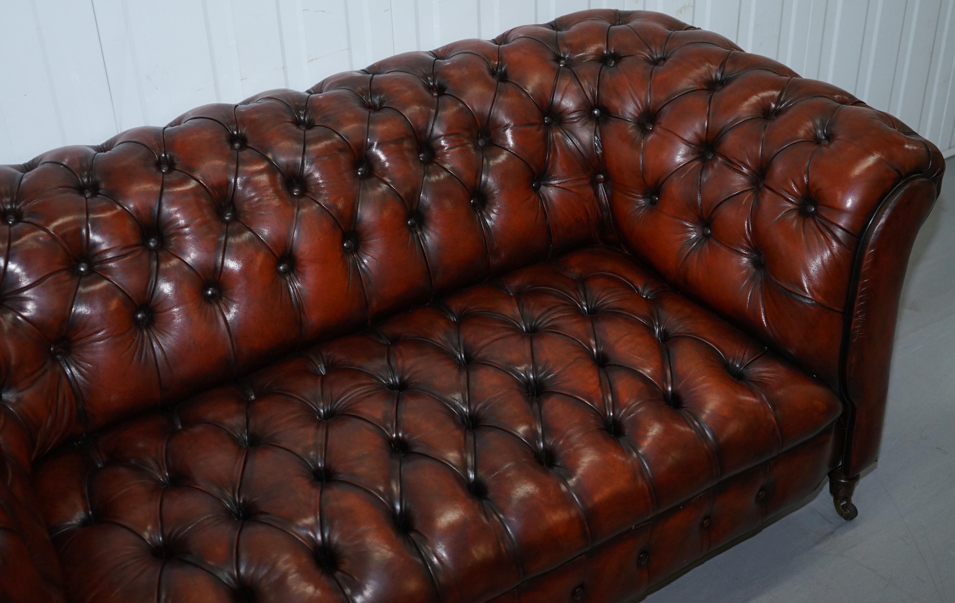 English Small Restored Chesterfield Victorian Whisky Brown Leather Sofa For Sale