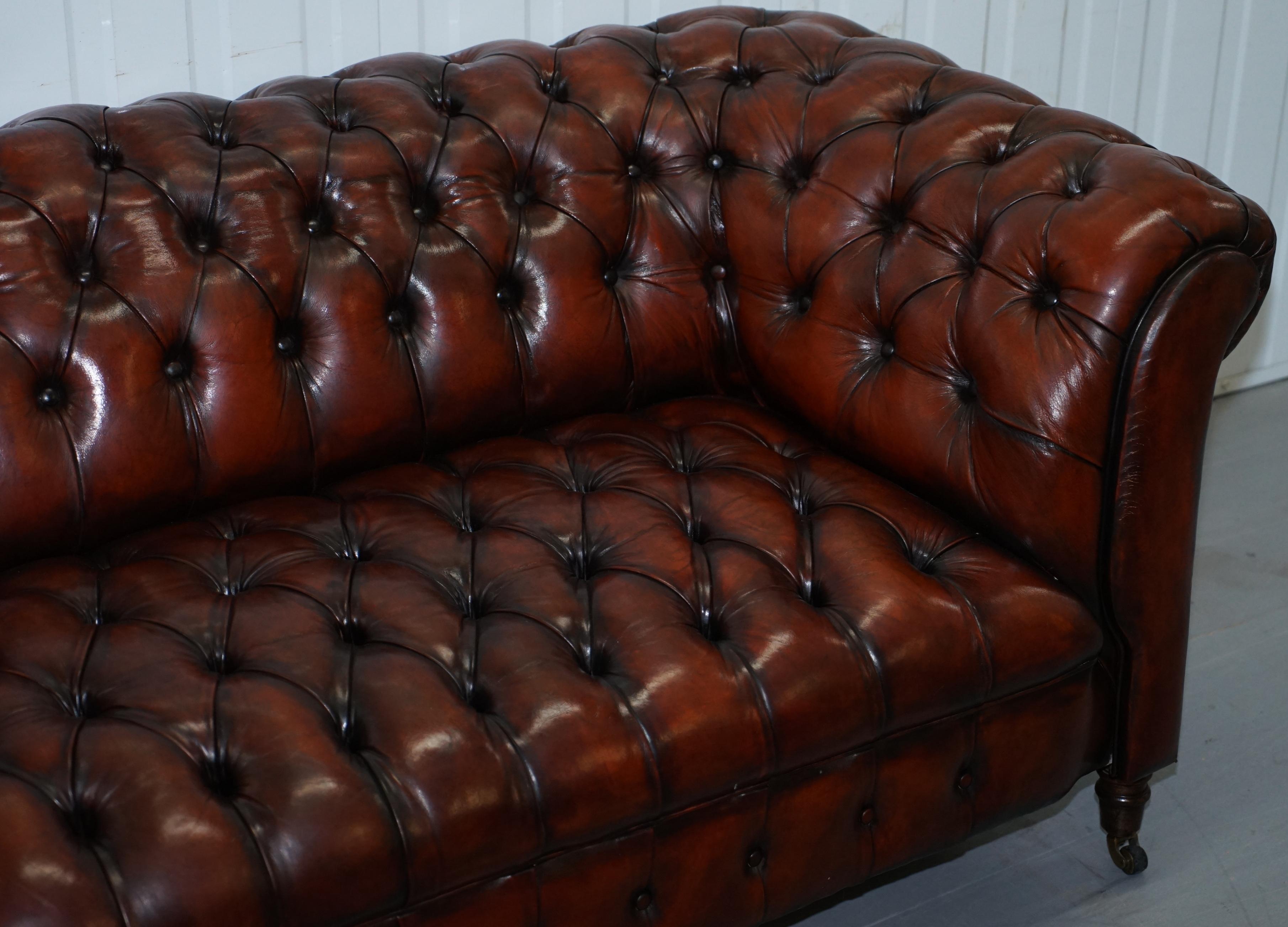 Small Restored Chesterfield Victorian Whisky Brown Leather Sofa For Sale 1