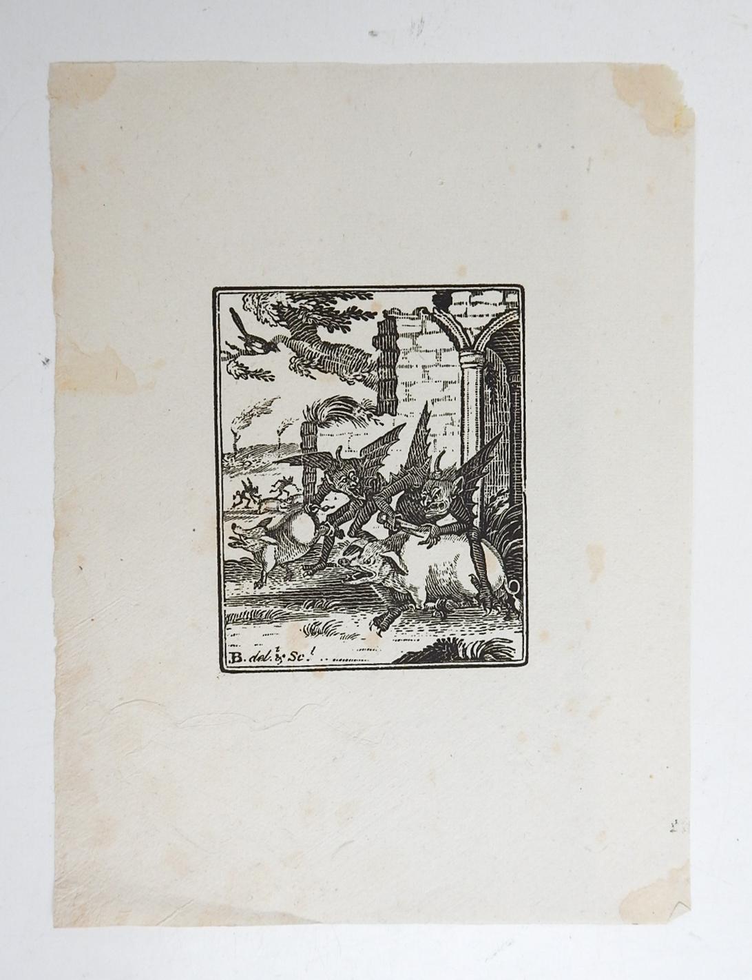 Small 1790 British woodcut book plate print on laid paper by John Bewick (1760–1795) England, younger brother of Thomas Bewick.  Printed for Proverbs Exemplified and published by the Rev. J. Trusler, and sold at the Literary-Press, 1790.  Proverb