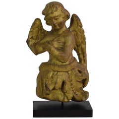 Small 17th-18th Century French Hand Carved and Gilded Oak Angel