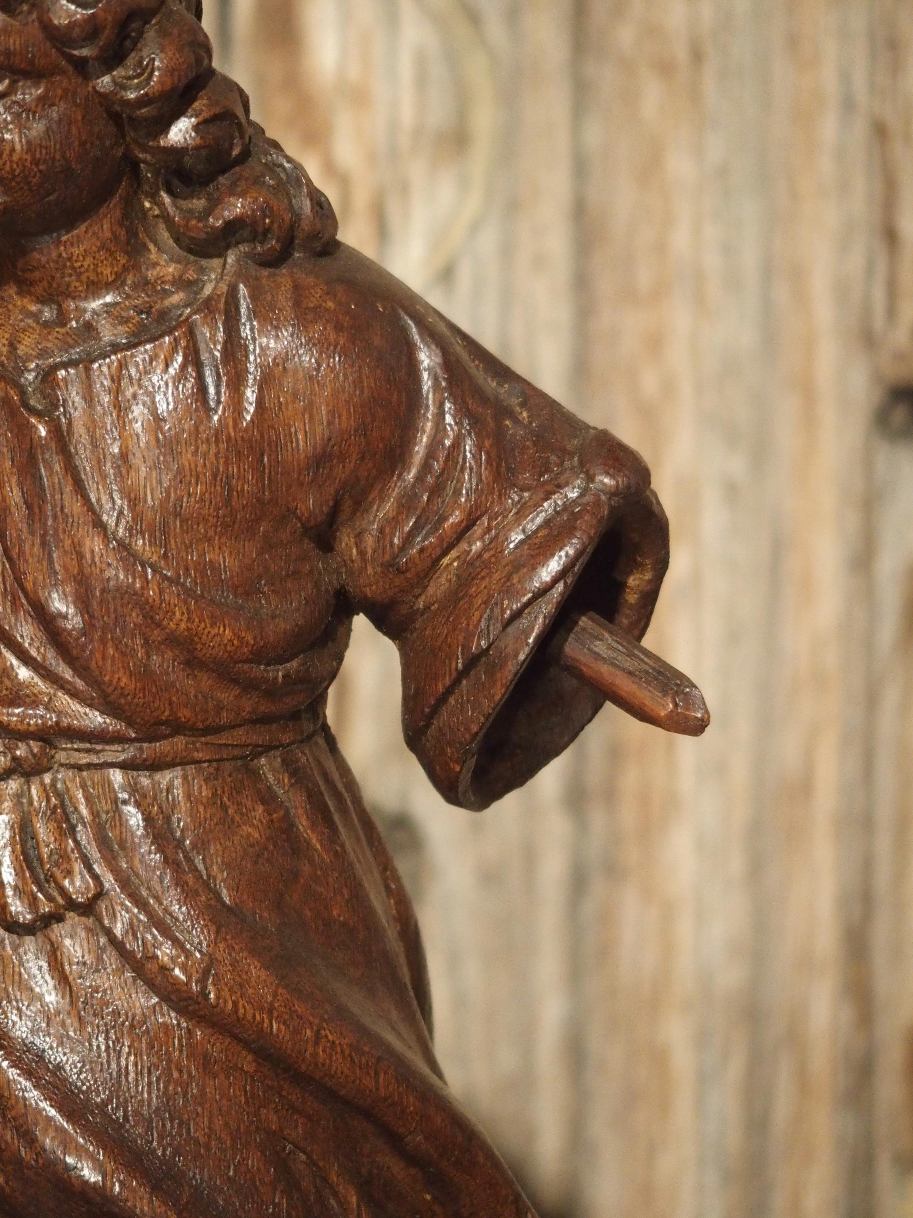 Hand-Carved Small 17th Century Carved Oak Statue from France For Sale