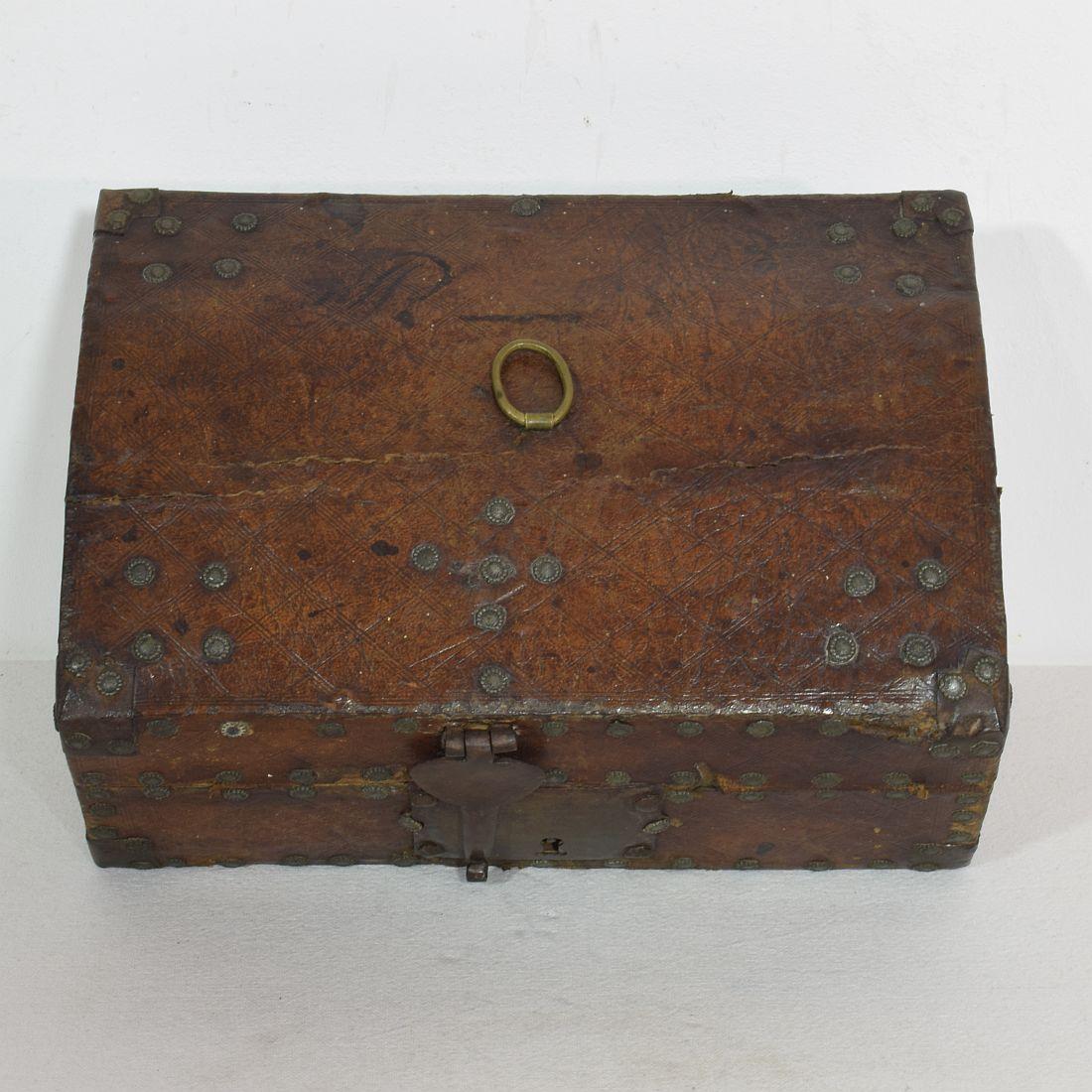 Small 17th Century, French Coffer or Box in Leather For Sale 6