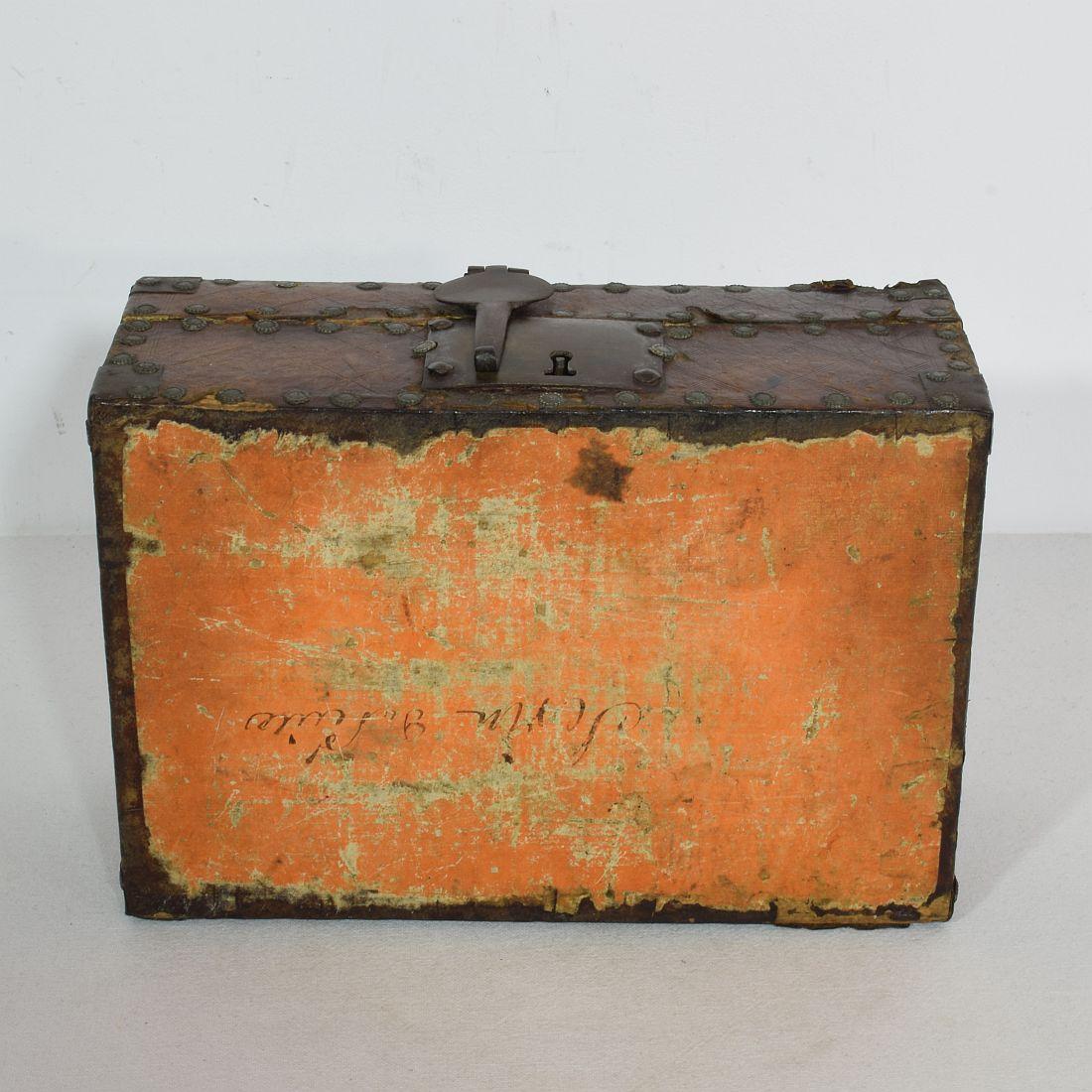 Small 17th Century, French Coffer or Box in Leather For Sale 7