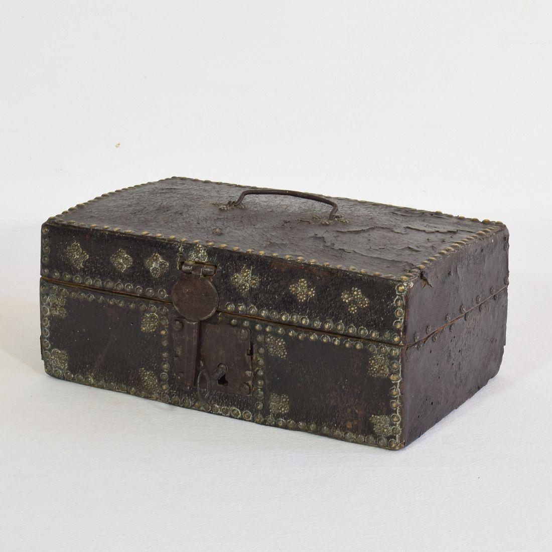 Forged Small 17th Century, French Coffer or Box in Leather