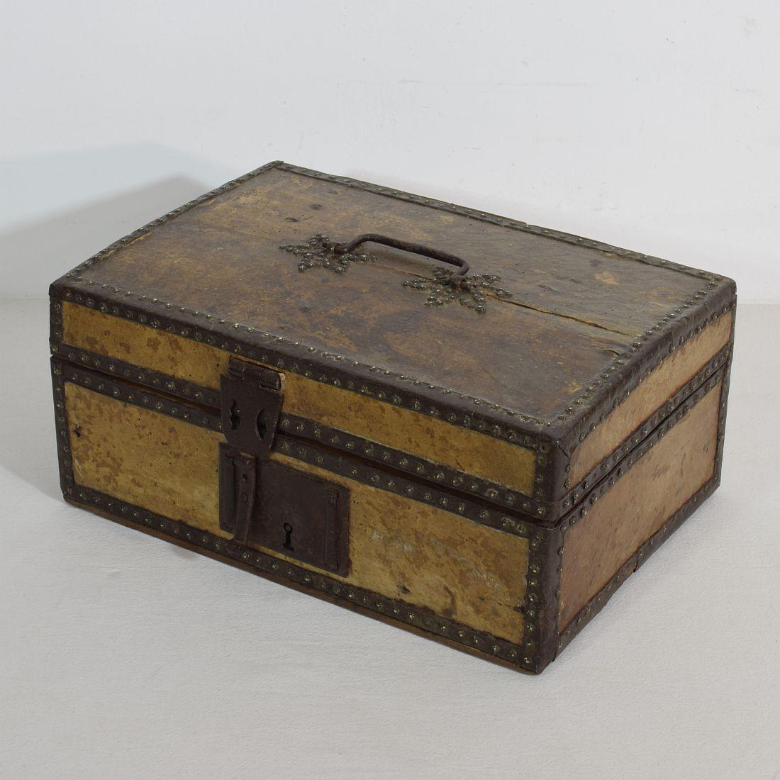 Forged Small 17th Century, French Coffer or Box in Leather