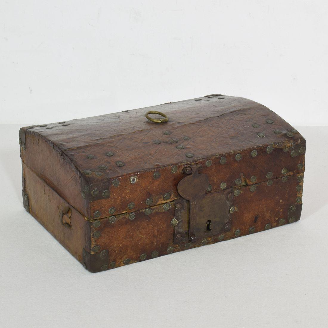 Hand-Crafted Small 17th Century, French Coffer or Box in Leather For Sale