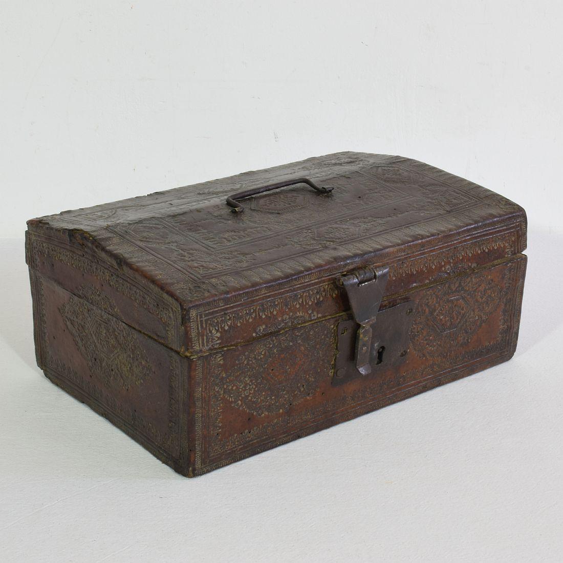 Hand-Crafted Small 17th Century, French Coffer or Box in Leather