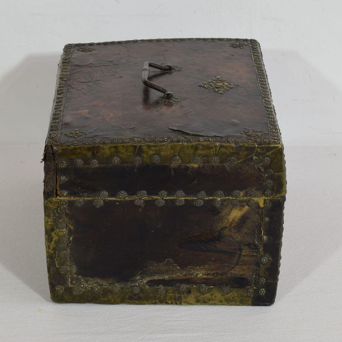 Hand-Crafted Small 17th Century, French Coffer or Box in Leather