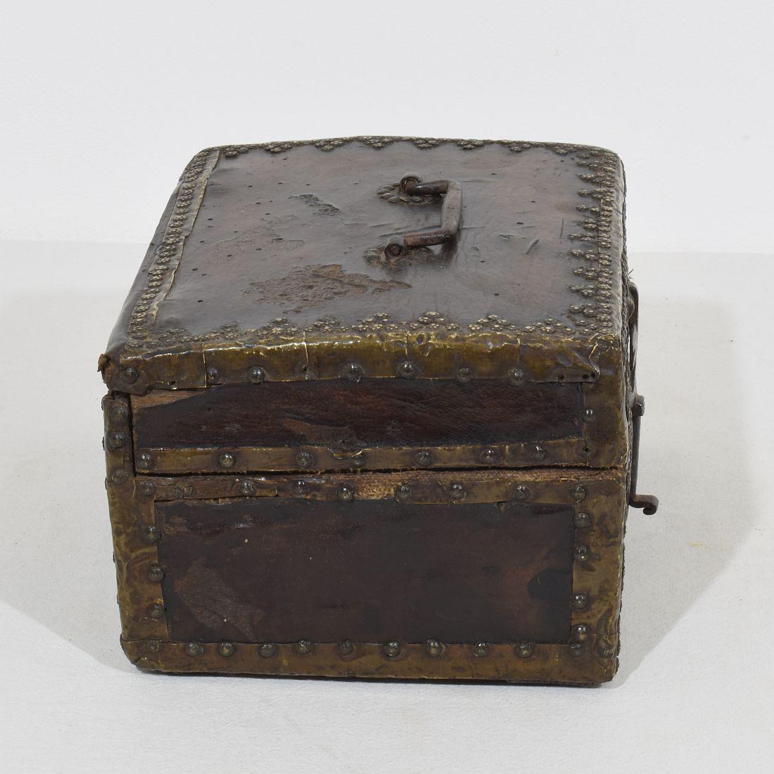 Hand-Crafted Small 17th Century, French Coffer or Box in Leather For Sale