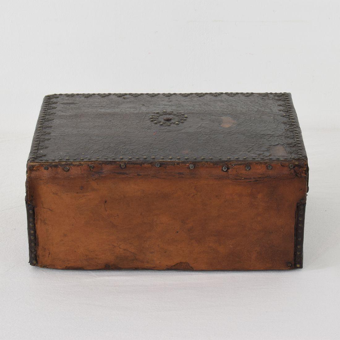 18th Century and Earlier Small 17th Century, French Coffer or Box in Leather