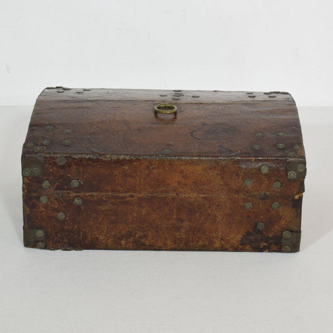 18th Century and Earlier Small 17th Century, French Coffer or Box in Leather For Sale