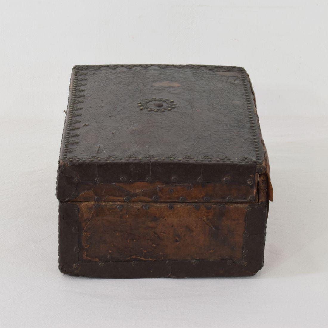 Iron Small 17th Century, French Coffer or Box in Leather